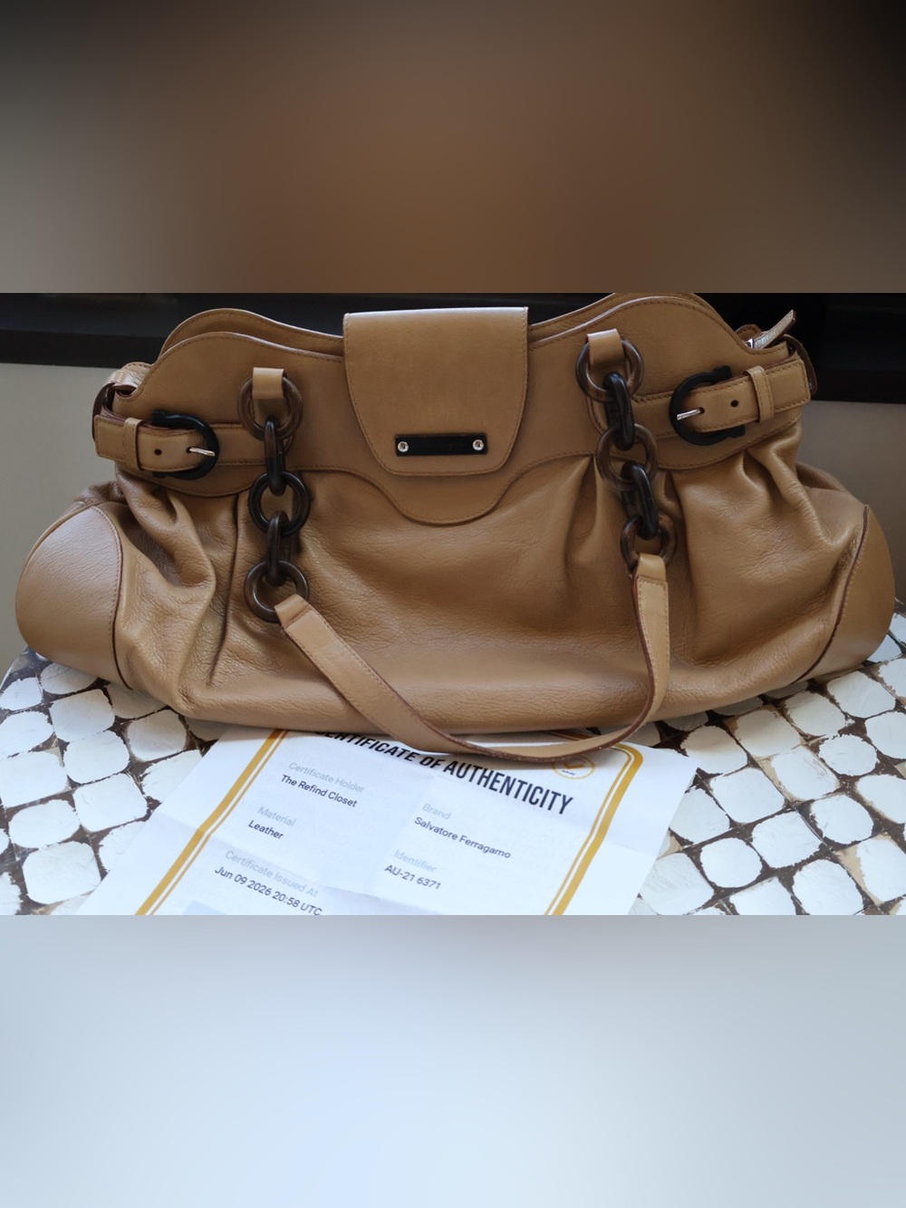 Salvatore Ferragamo Camel/Tan Leather Shoulder Bag with Chain-Link Handles